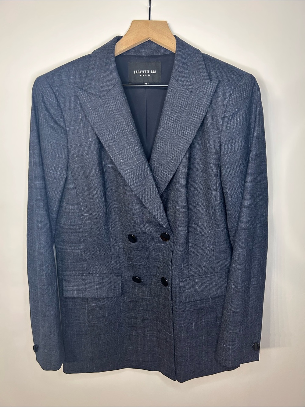 Lafayette 148 New York Women’s Navy Blue Plaid Double Breasted Blazer, Size 10